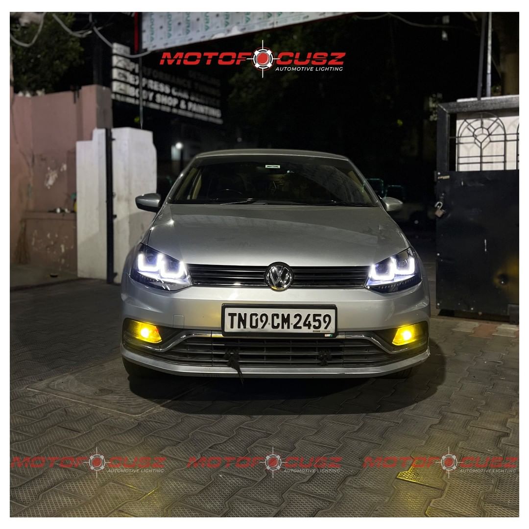 Volkswagen Polo gets aftermarket headlights along with projectors upgrade From Motofocusz Best Headlight customisation in Chennai