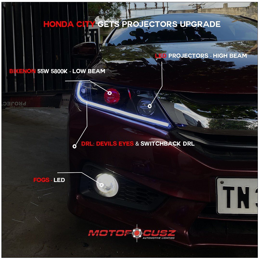 Honda city gets Projectors upgrade from Motofocusz Best Headlight customisation in Chennai