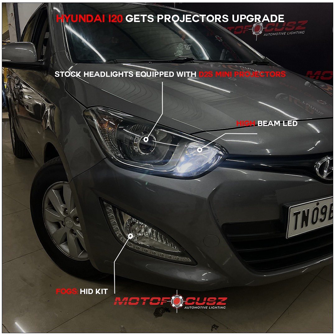 Hyundai i20 Gets D2S mini Projectors upgrade from Motofocusz Best Headlight customisation in Chennai