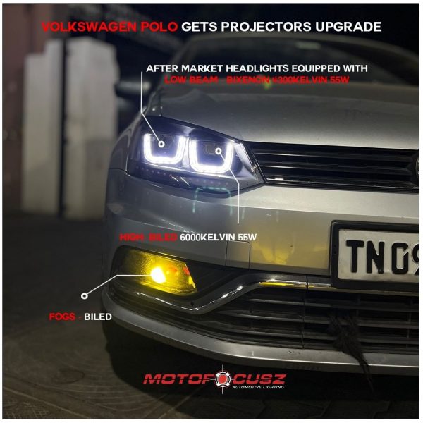 Volkswagen Polo gets aftermarket headlights along with projectors upgrade From Motofocusz Best Headlight customisation in Chennai