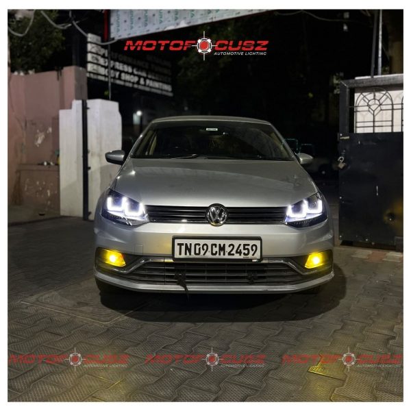 Volkswagen Polo gets aftermarket headlights along with projectors upgrade From Motofocusz Best Headlight customisation in Chennai