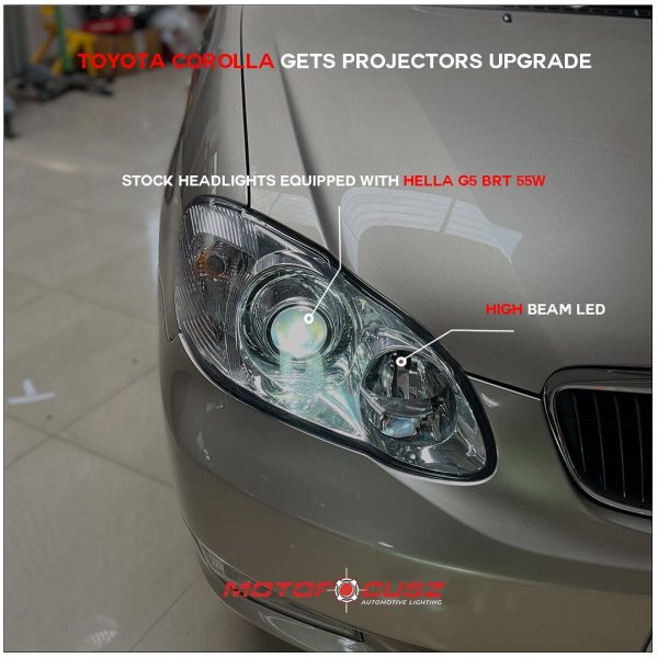 Toyota Corolla gets a new pair of headlights along with Hella G5 BRT projectors Upgrade from Motofocusz Best Headlight customisation in Chennai