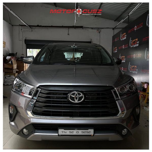 Toyota Innova Crysta gets Hella G5 55w 6000k low beam projectors and 3" Bi-LED with switch back DRL high beam projectors from Motofocusz Best Headlight customisation in Chennai