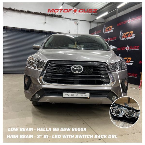 Toyota Innova Crysta gets Hella G5 55w 6000k low beam projectors and 3" Bi-LED with switch back DRL high beam projectors from Motofocusz Best Headlight customisation in Chennai