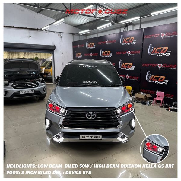 Toyota Innova crysta In for projectors upgrade from Motofocusz Best Headlight customisation in Chennai