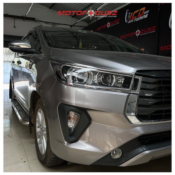 Toyota Innova Crysta gets Hella G5 55w 6000k low beam projectors and 3" Bi-LED with switch back DRL high beam projectors from Motofocusz Best Headlight customisation in Chennai