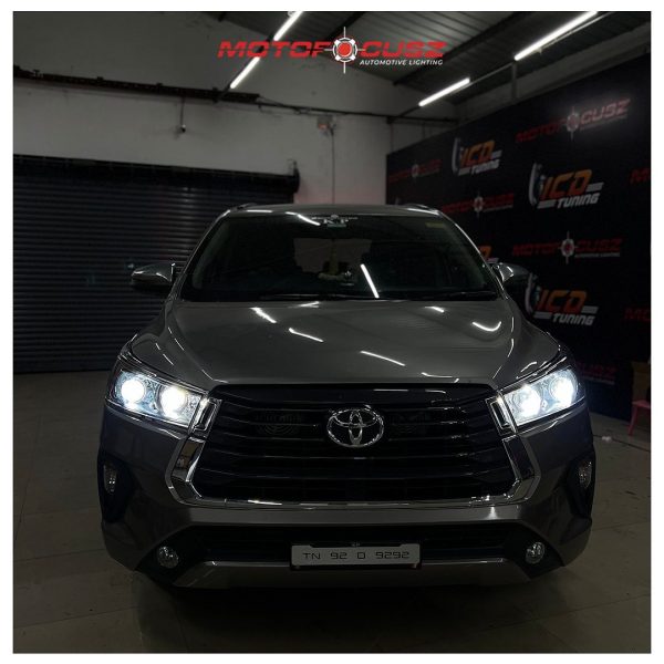 Toyota Innova Crysta gets Hella G5 55w 6000k low beam projectors and 3" Bi-LED with switch back DRL high beam projectors from Motofocusz Best Headlight customisation in Chennai