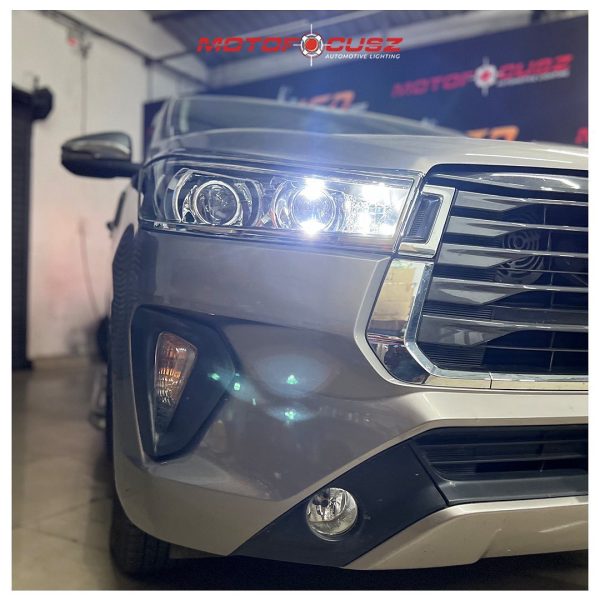 Toyota Innova Crysta gets Hella G5 55w 6000k low beam projectors and 3" Bi-LED with switch back DRL high beam projectors from Motofocusz Best Headlight customisation in Chennai